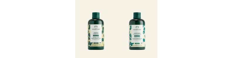 The Body Shop Moringa Shampoo bottle and Conditioner bottle. Green, yellow